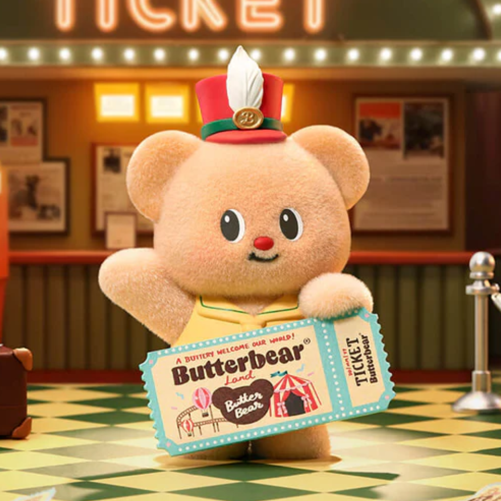 Plush bear toy with a ticket in a themed room