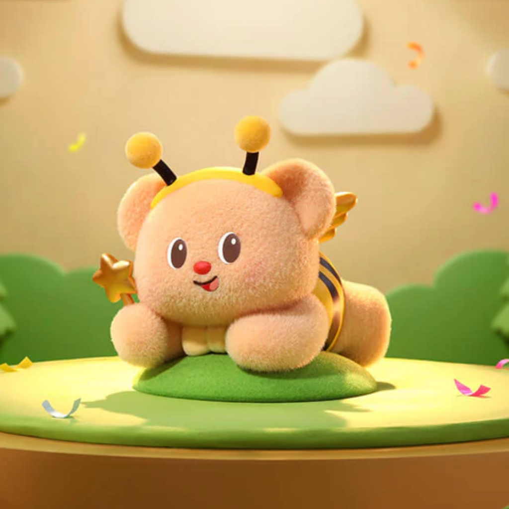 Plush toy bee on a green platform with a soft background