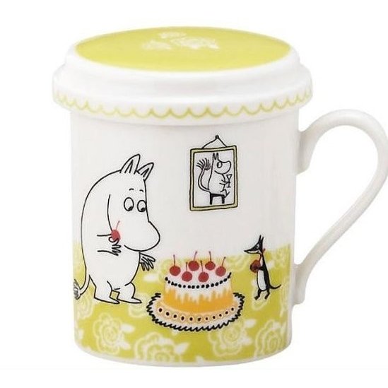 Porcelain Moomin yellow tea mug with Moomin eating cake design