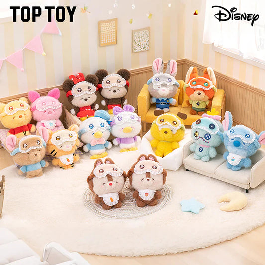 Collection of Disney plush toys in a room setting with 'Top Toy' and Disney logos.