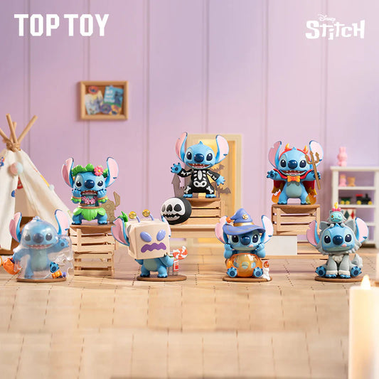 Collection of Stitch figurines in various poses on a wooden surface with a pastel-colored wall in the background.