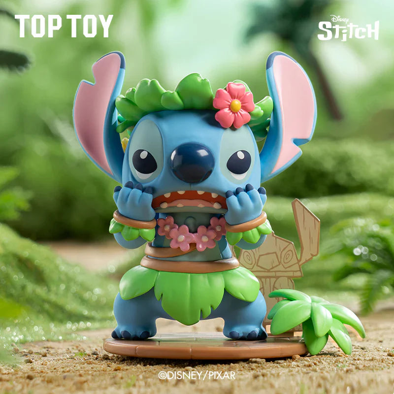 Disney Lilo & Stitch figurine with tropical attire on a green leafy background