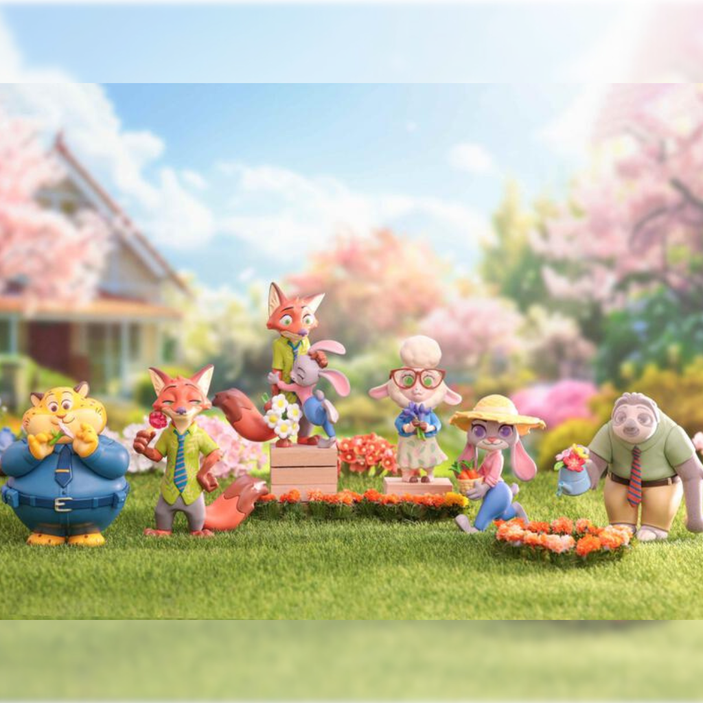 Animated characters in a garden setting with cherry blossoms