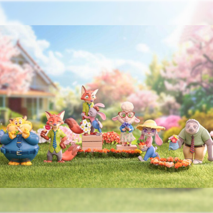 Animated characters in a garden setting with cherry blossoms