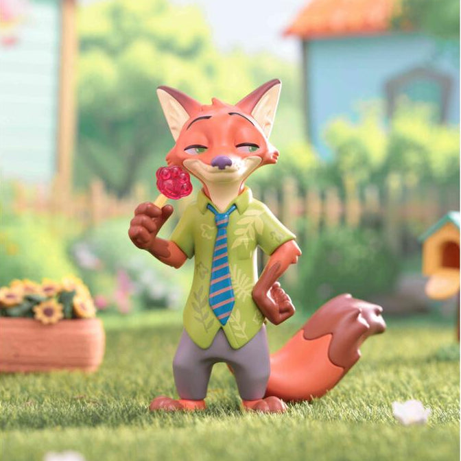 Animated fox character holding a berry in a garden setting