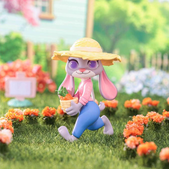 Animated character in a garden with flowers and a basket of carrots