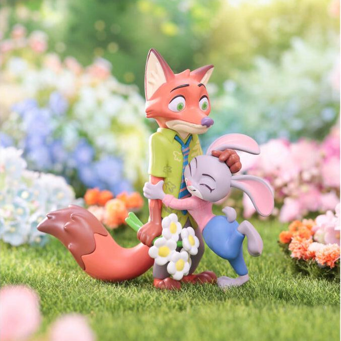 Two animated characters, a fox and a rabbit, standing together in a garden with flowers and greenery.
