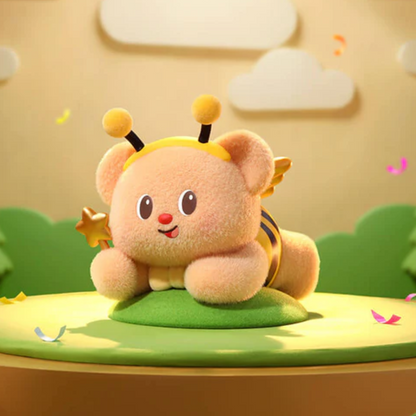 Plush toy bee on a green platform with a soft background