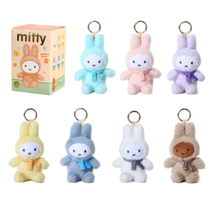 Set of colorful plush keychains with a 'miffy' box in the background